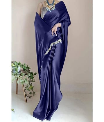 JULEE Satin Solid Saree With Unstitched Blouse Piece ( Navy Blue )