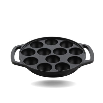 TRILONIUM Triple Seasoned Cast Iron 12 Pits Paniyaram Pan 8 inches