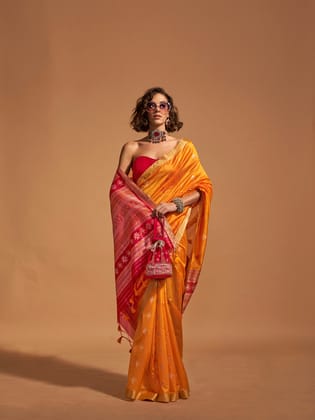 Yellow Soft Silk Woven Designed Handloom Saree With Tassels