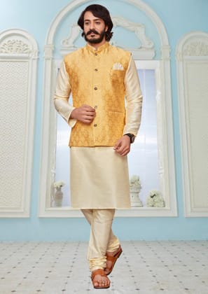 Mustard Yellow Nehru Jacket and Cream Kurta Pajama Set-S