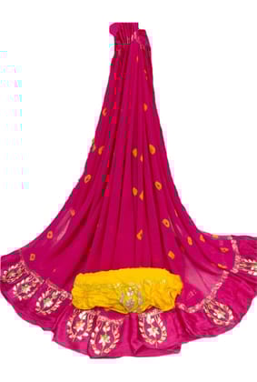 Pure georgette Bandhani saree with gota work-Magenta