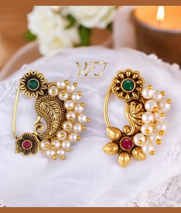 Vighnaharta Artificial stone and Pearls moti Nath Nathiya./ Nose Pin combo 2 nath for women and Girls[VFJ1290-1180NTH-PRESS-MULTI]