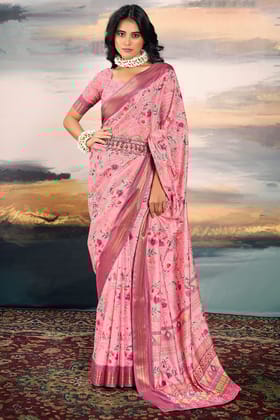 Flamingo Pink Digital Printed Cotton Saree
