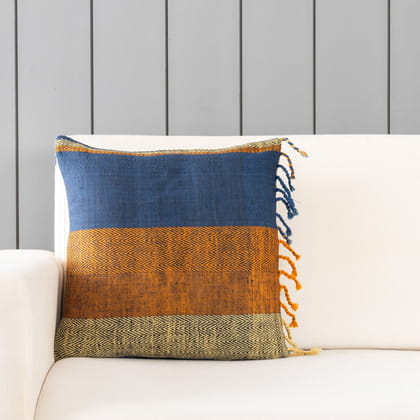 Handwoven Upcycled Blue, Orange, Yellow Striped Wool & Oak Silk Cushion Cover - 16x16-Blue / Orange / Yellow / Wool & Oak Silk