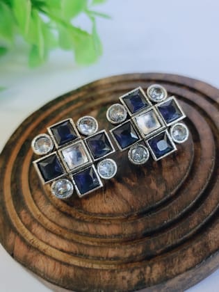 Oxidized Silver Stone Stud Earrings for Office Wear Elegance | Sarichka-Blue+White