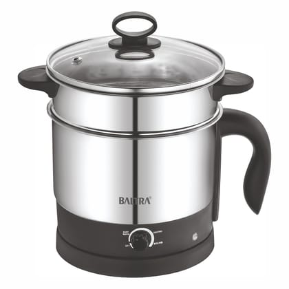 Baltra Multi-Kettle Steamer 1.2L Instacook | Adjustable Power Modes 600 W | 7 - Egg Tray, Idli Tray And Steamer | Stainless Steel | Automatic Overheat Protection | Multipurpose Kettle, 2 Year Warranty