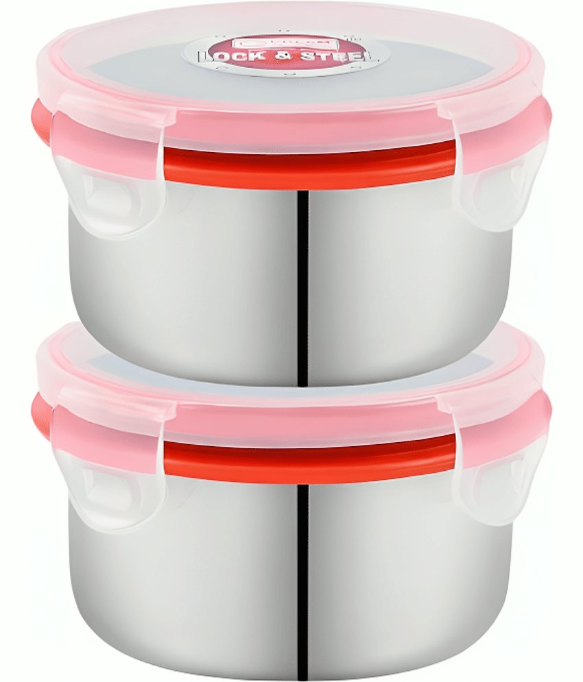Kitcorner Lock N Steel Steel Red Food Container ( Set of 2 )