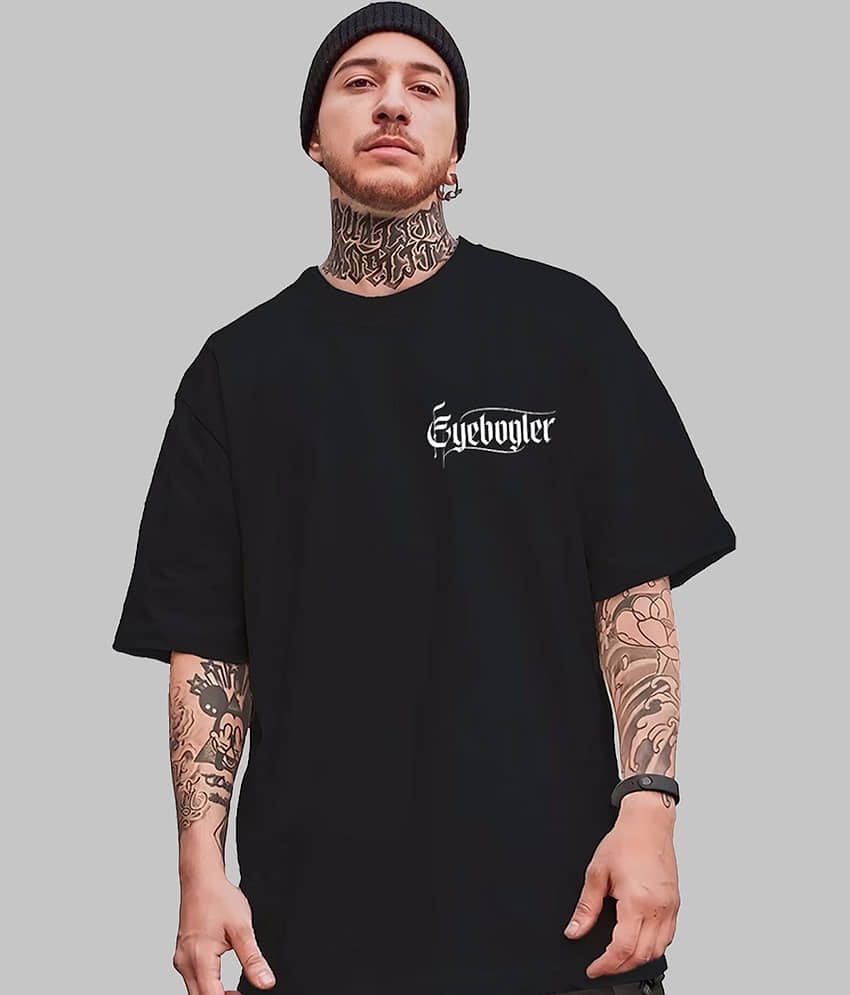 Eyebogler Cotton Blend Oversized Fit Printed Half Sleeves Men's Round T-Shirt - Black ( Pack of 1 )