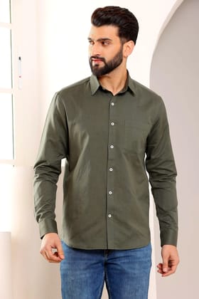 Olive Green Pure Linen Shirt (Size - S) by BLUE EAGLE