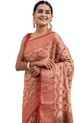 Women's Chanderi Cotton Printed Saree with Unstitched Blouse (Peach, 5-6 Mtrs)