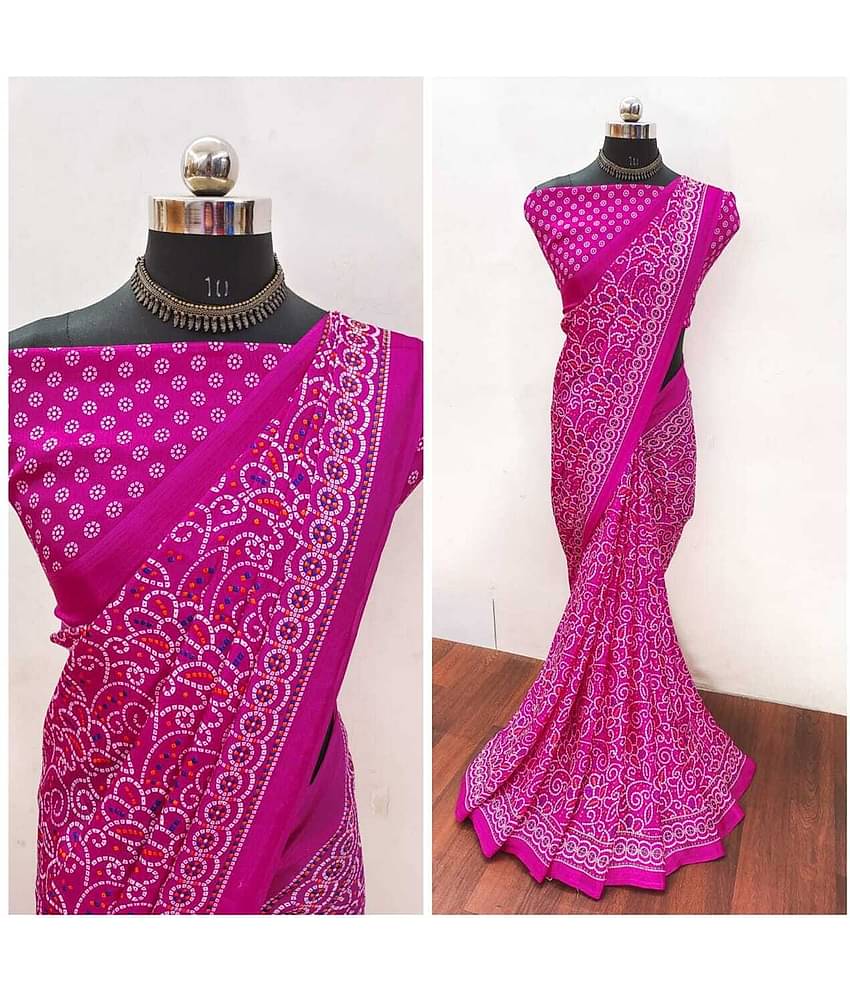 JIHANA FAB Chiffon Printed Saree With Unstitched Blouse Piece ( Pink )