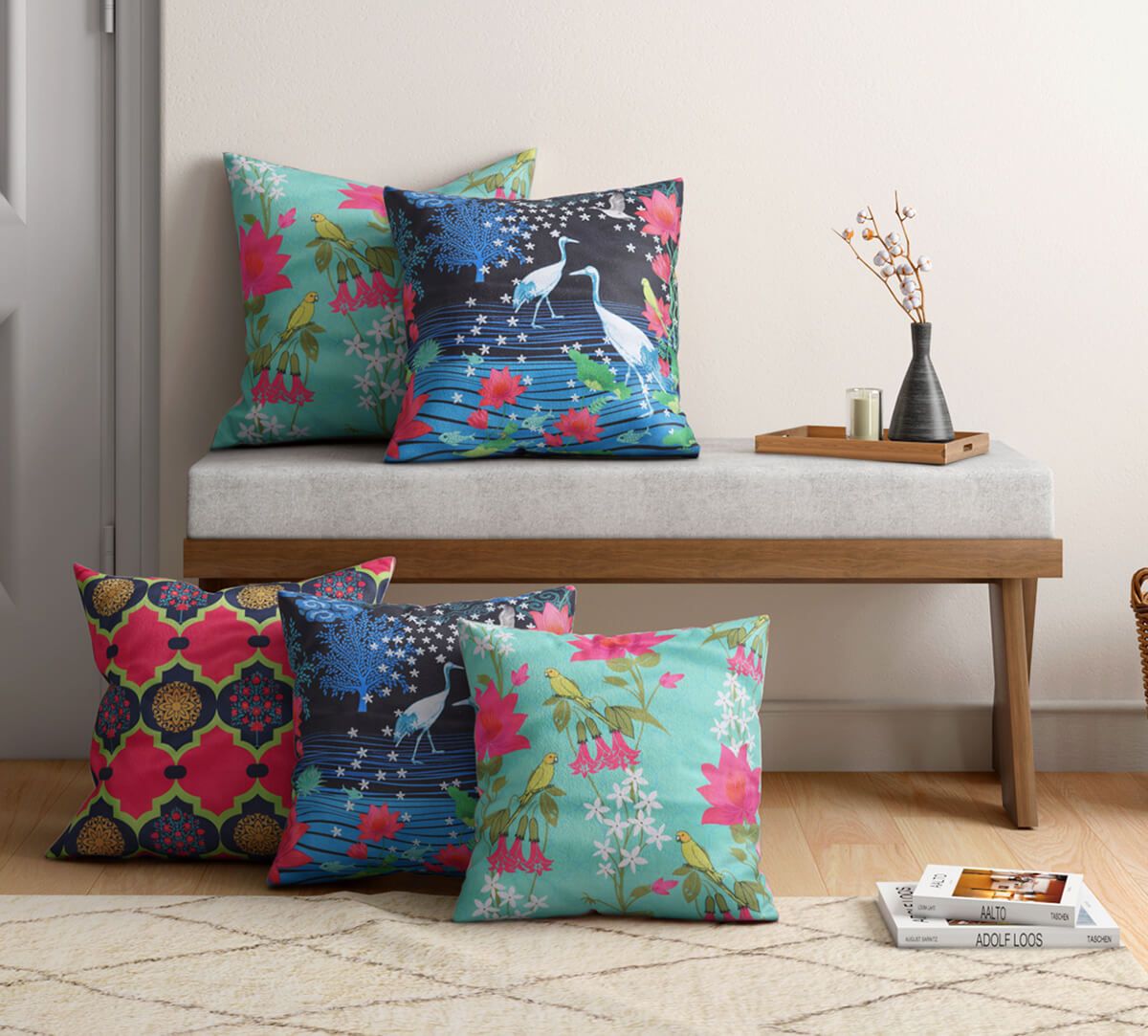India Circus Blooms & Swans - Blended Velvet Cushion Cover Set Of 5 - 12 X 12 Inch