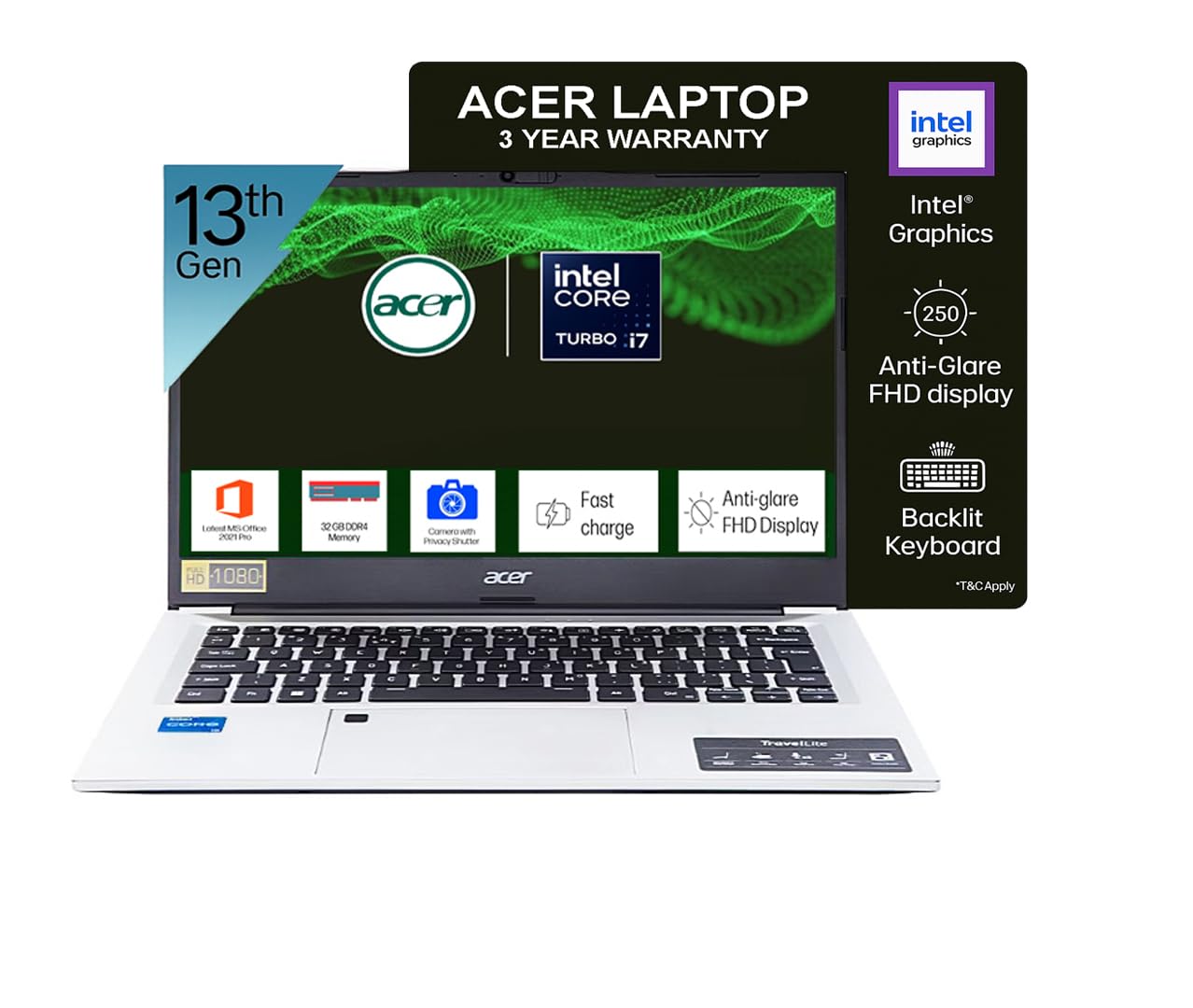 acer Professional 14[New Launch], 13th Gen Intel Core i7-1355U Turbo Boost, 32GB DDR4, 1TB SSD, Win11 Pro, MSO21, 14inch FHD Laptop, 3 Year Warranty, 1 Year Anti Virus, Fingerprint, Backlit KB