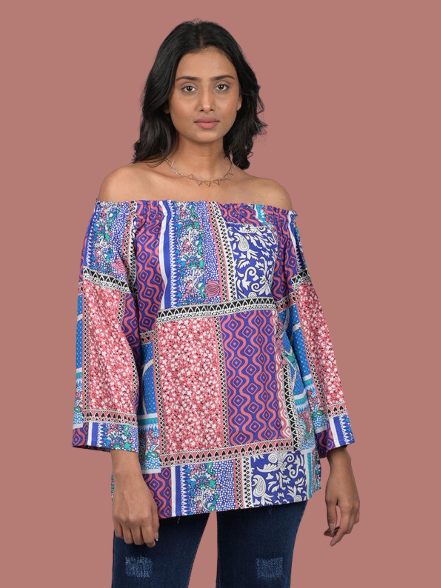 Stylish top for women party wear and birthday valentine day Multicolor Floral Print Off Shoulder Pattern (OTL-TPS1086)-Multicolour / S