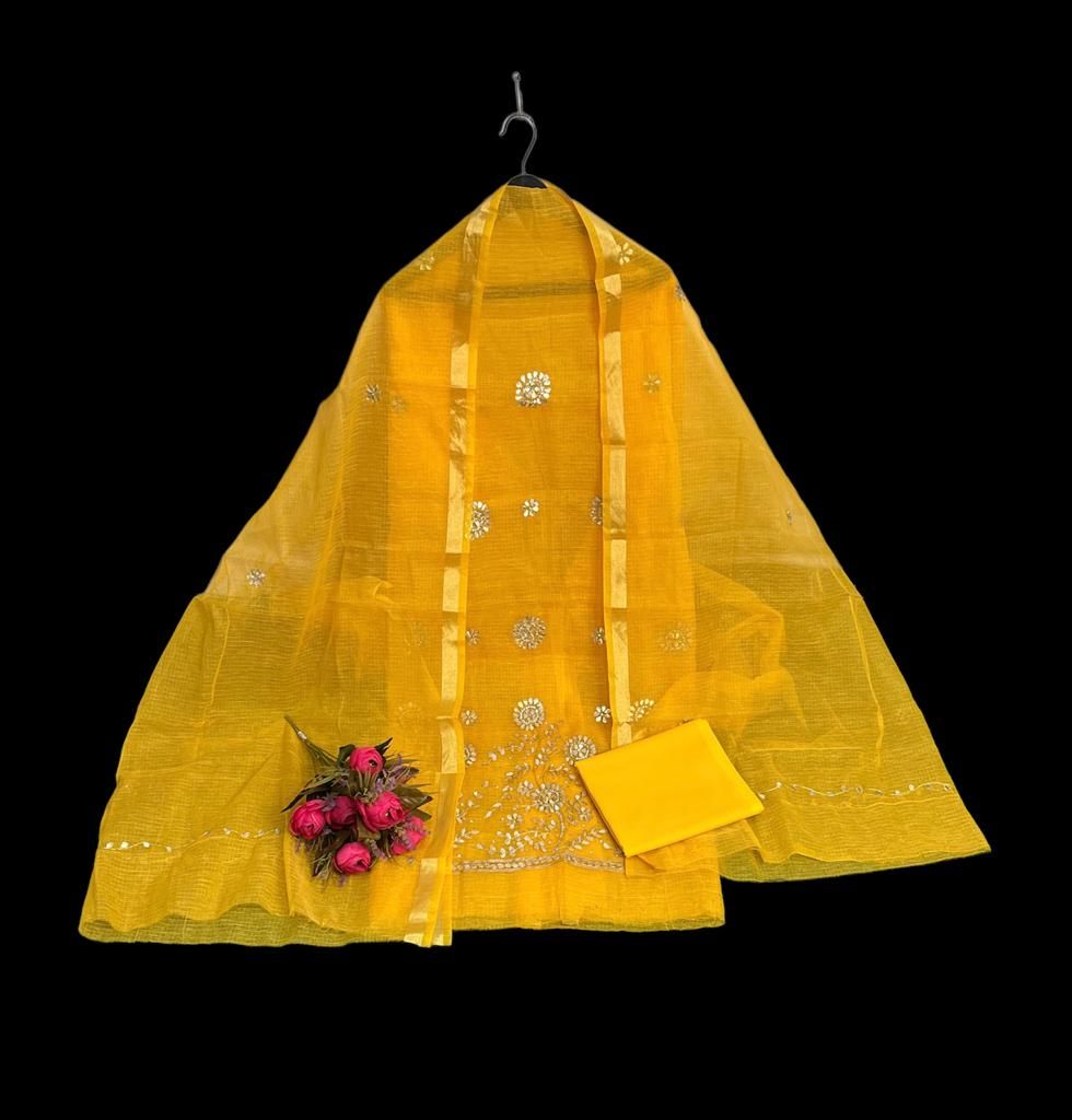 Glimmering Kota Doria Gota Patti Yellow Suit