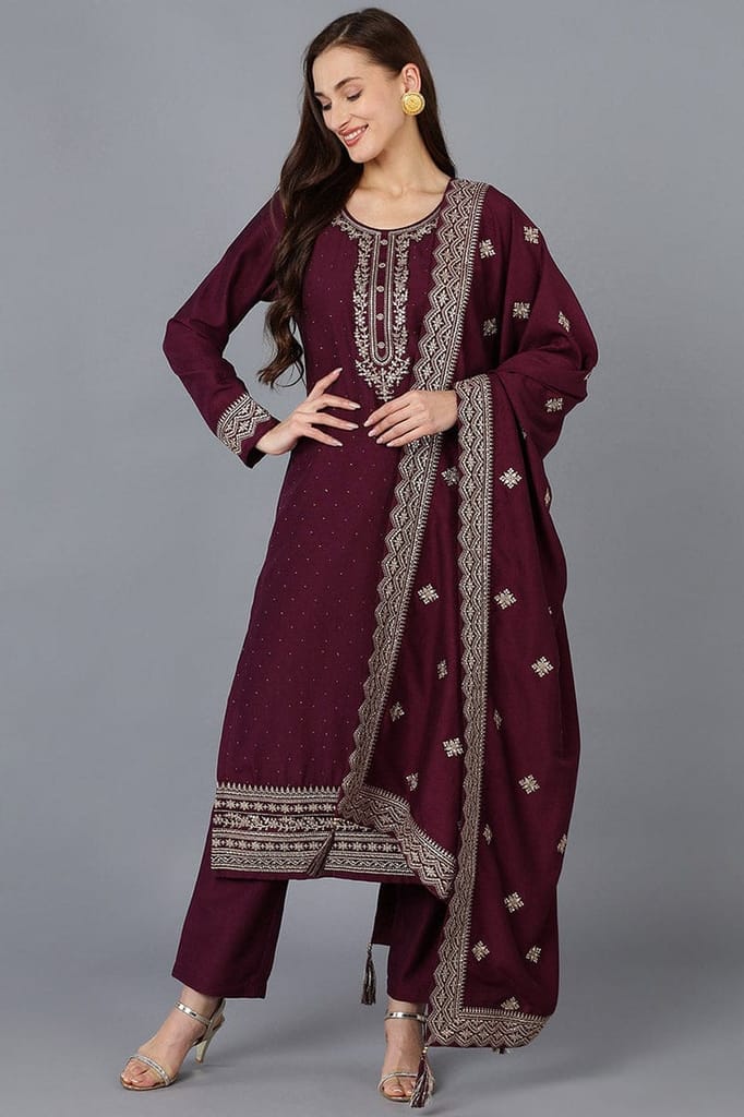 Burgundy Silk Blend Solid Straight Kurta Trousers With Dupatta PKSKD1759 - Kurtas & Kurta Sets | Buy online on ZillyBuy