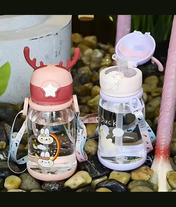 Radhe Creation Cartoon Water Bottle with Straw Multicolour Plastic School Water Bottle 600 mL ( Set of 1 )