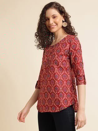 Red Printed Cotton Blend Top-XS