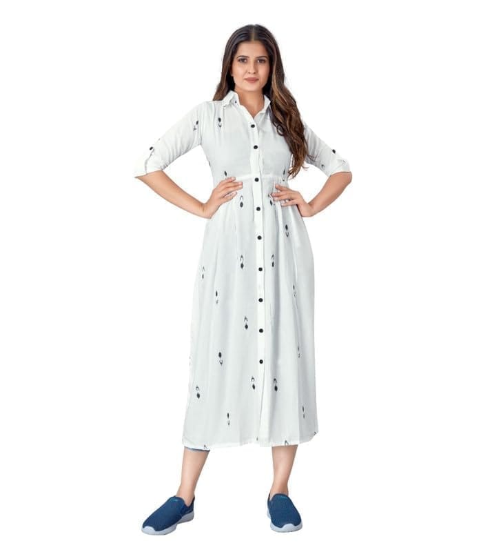 Women's Casual 3/4th Sleeve Printed Rayon Kurti (White, XL)-PID46181