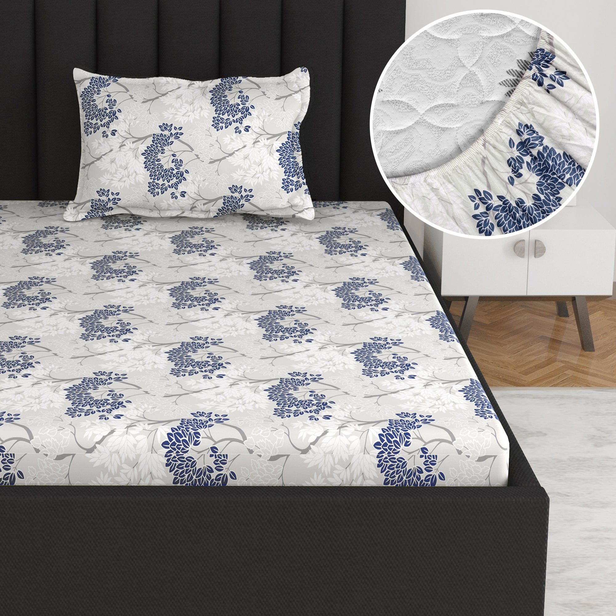 Grey Autumn Tree Leaf Elastic Fitted Bedsheet For Single Bed-Single / Cream and Grey / PR5004-FSB