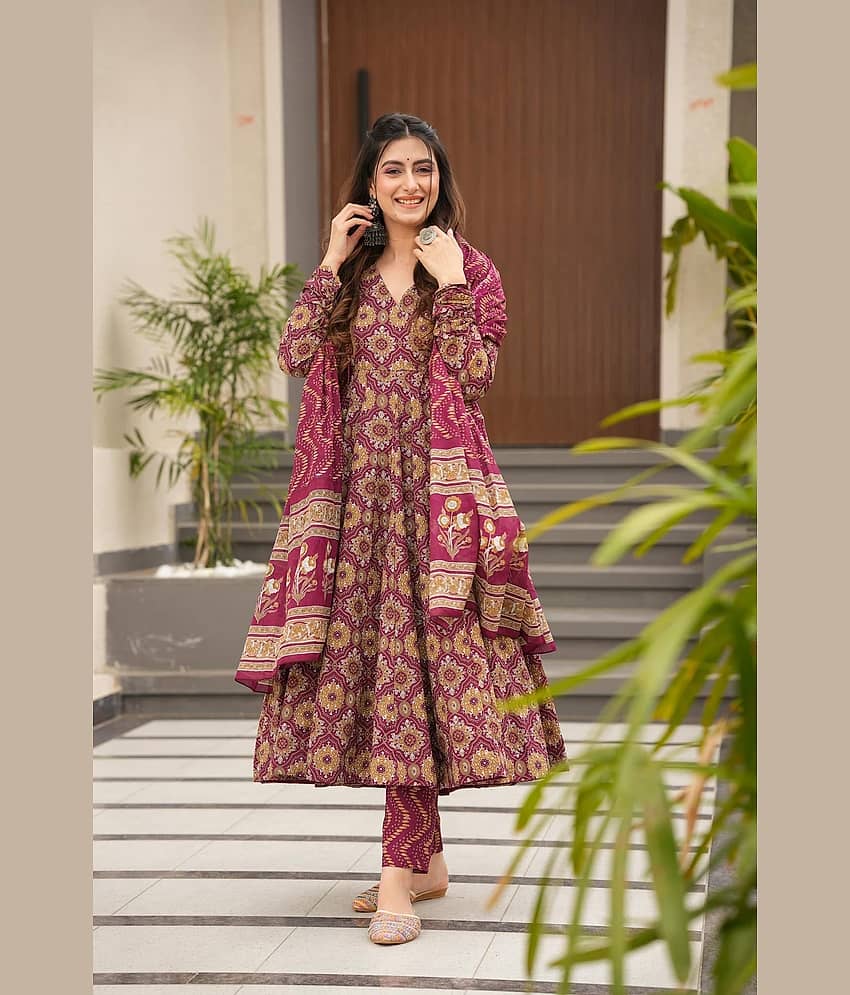 kedar fab Women Rayon Printed Angrakha Kurti With Pants ( Maroon )