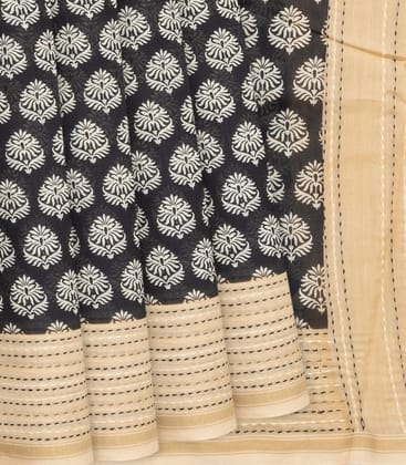 Black Handloom Chanderi Cotton Saree With Printed Floral Motifs-Black-Black