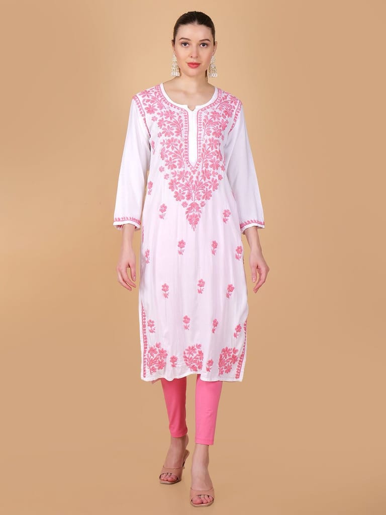 Handmade Lucknow Chikankari Off-White Kurta with Pink Thread work