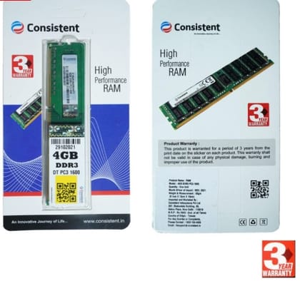 Consistent 4GB DDR3 RAM 1600MHz Desktop Memory, Long-DIMM (UDIMM) PC3-12800 for Standard & Gaming Desktop PC with 3 Years Manufacturer Warranty (Made in India)