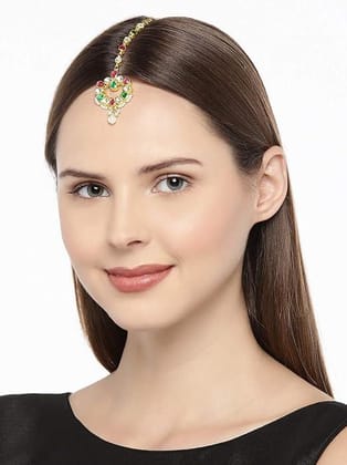 Gold-Plated Green Kundan Ruby Emerald-Studded Jadau Maang Tika