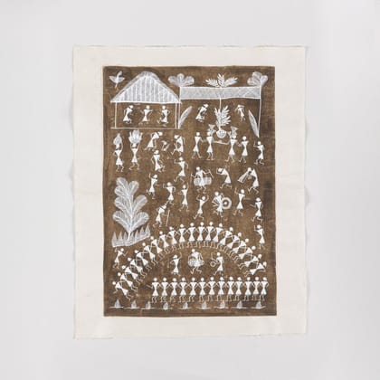 Warli Painting Community Gathering Music & Dance - 17x21 Unframed-Brown / White / Cotton