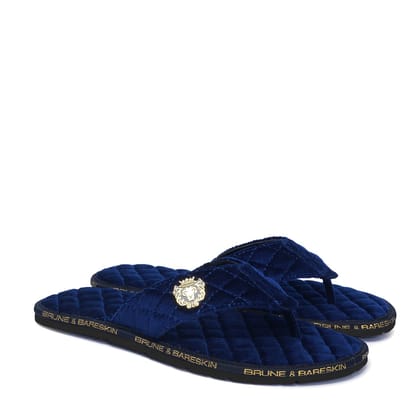 V-Shaped Blue Brand Lining Velvet Quilted Slippers with Lion Logo by Brune & Bareskin-40/6