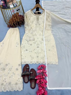Party Wear Look Pure Heavy Faux Georgette Top Plazzo & Dupatta Set Party Wear Look Pure Heavy Faux Georgette Top Plazzo & Dupatta Set