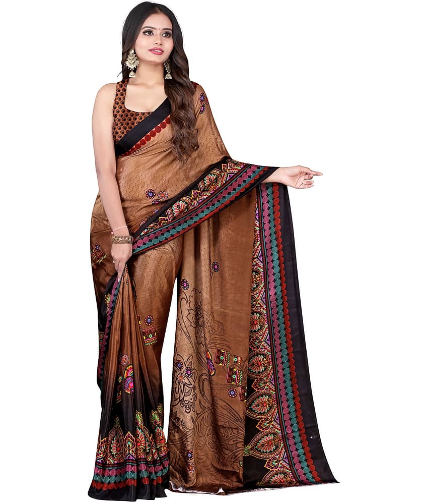 LEELAVATI Crepe Printed Saree With Unstitched Blouse Piece ( Brown )