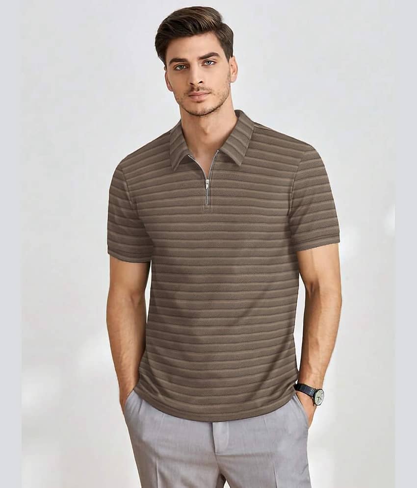 The Dry State Polyester Regular Fit Striped Half Sleeves Men's Mandarin Collar T-Shirt - Brown ( Pack of 1 )