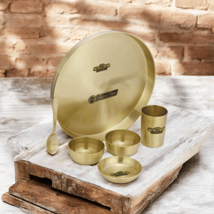 Pure Bronze Simple Matte Finish Thali Set 6 Pieces Durable Antibacterial Dinnerware