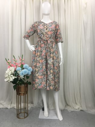 New York Style - Grey Rose Print - Flared Maternity Wear-40 - 42 ( L - XL )