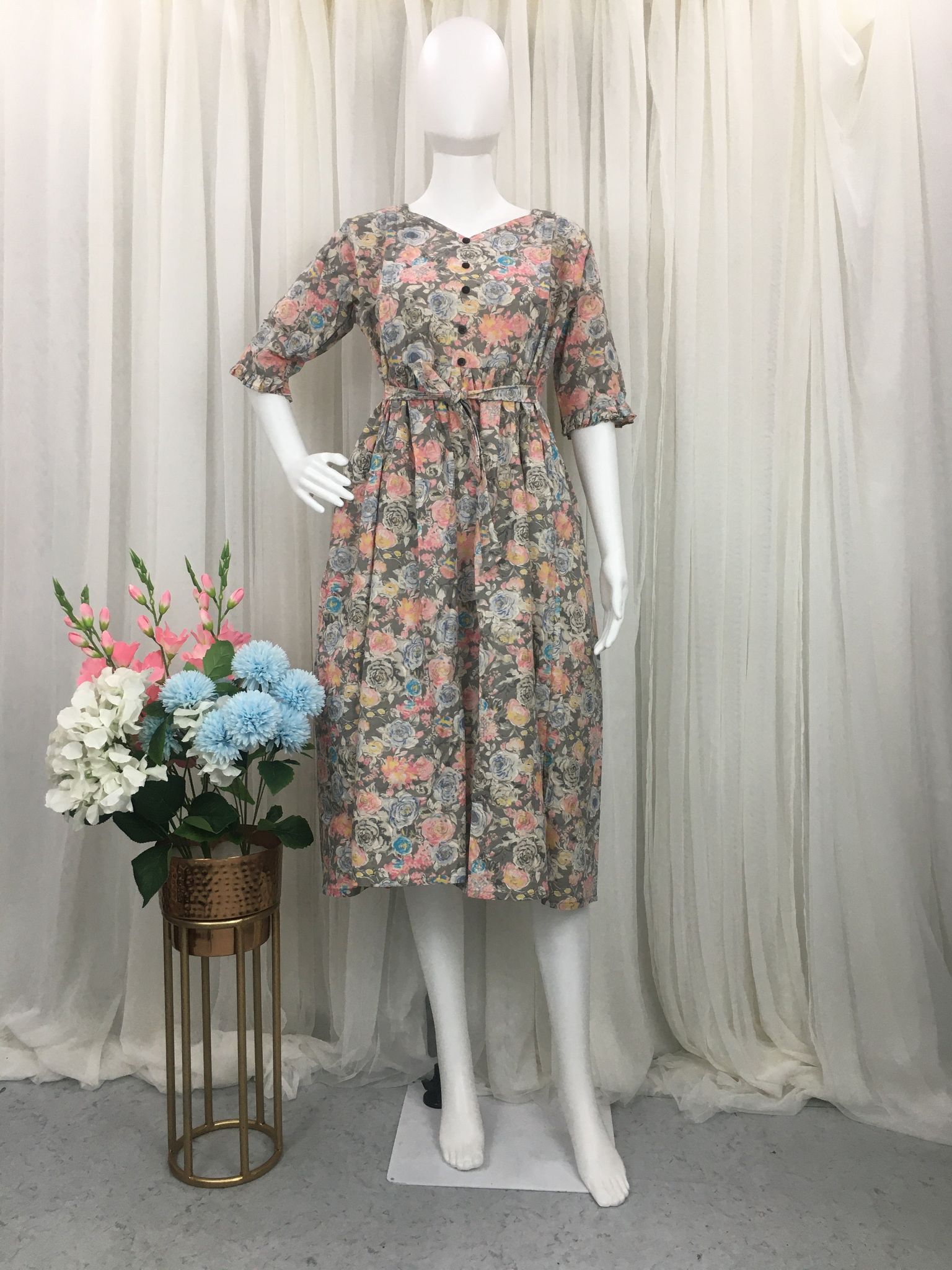New York Style - Grey Rose Print - Flared Maternity Wear-40 - 42 ( L - XL )