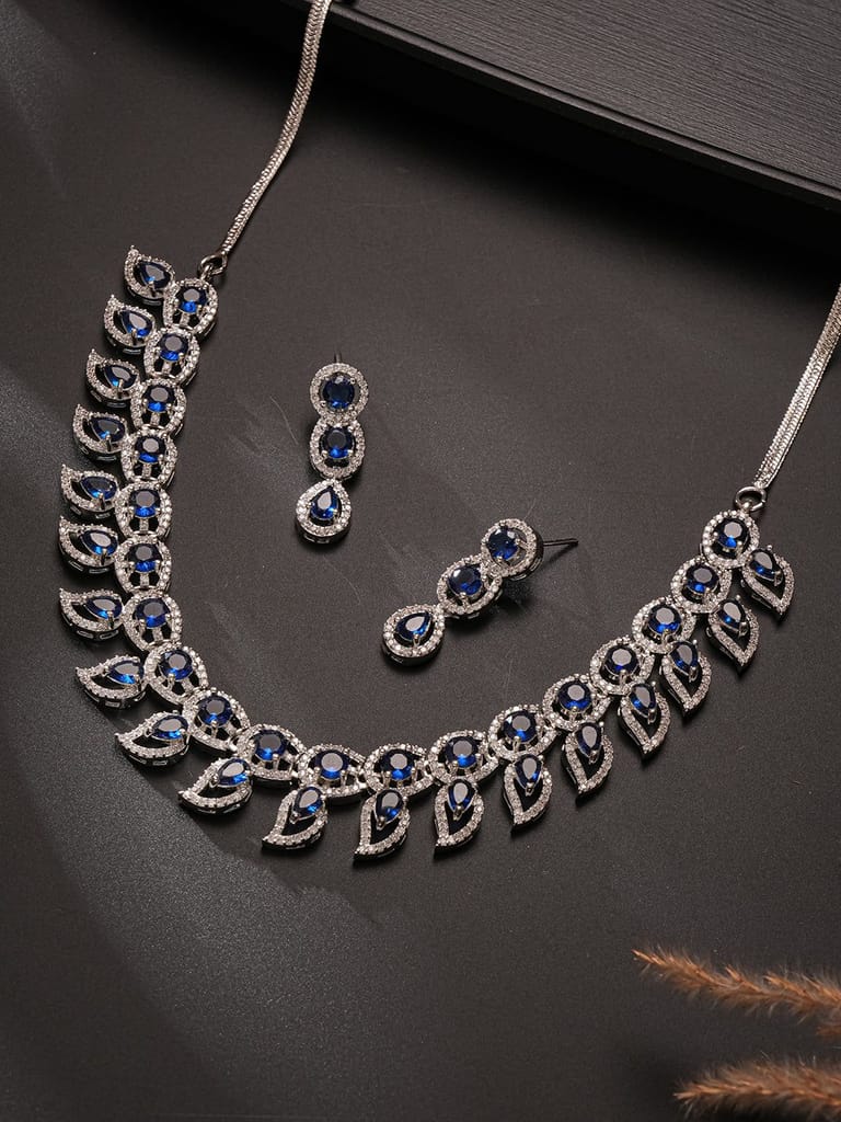 Silver Toned Zircon Emerald Blue AD Studded Mango Statement Necklace Jewellery Set - Jewellery Sets | Buy online on ZillyBuy