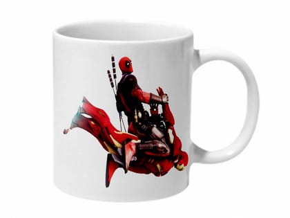 Multicolor Deadpool Flying On Iron Man Ceramic Mug