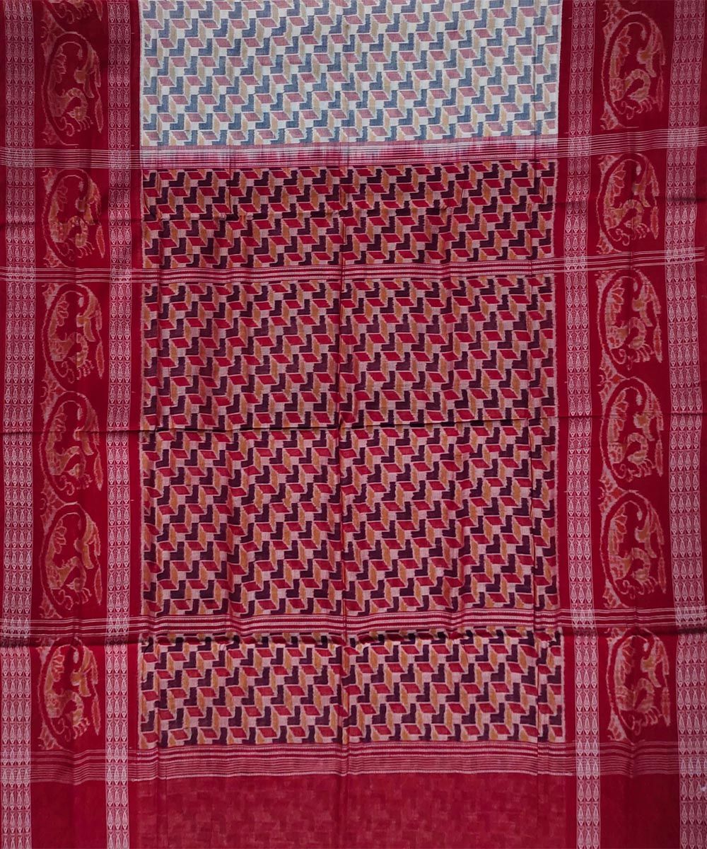 Offwhite red colour handwoven cotton saree