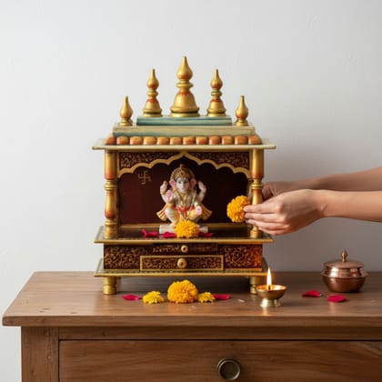 Beautifully Handcraft Painted Wooden Ganesh Temple-Pooja Mandir