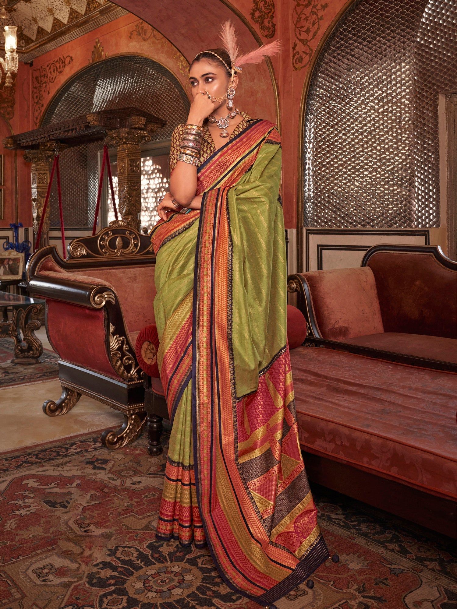 ParrotGreen Soft Silk Stripped Patola Saree For Women