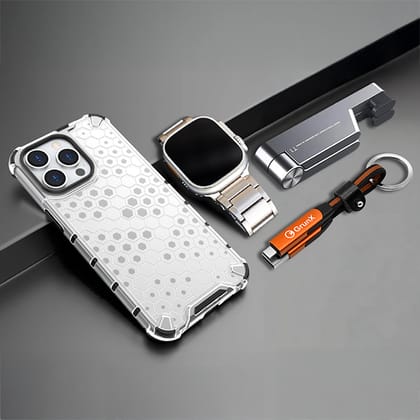 Essentials For Me - iPhone Shockproof Case + Titanium Apple Watch Strap + 6-in-1 Keychain Cable + Foldable Phone Stand | Ultimate 4-in-1 Tech Bundle-iPhone 12 / 42/44/45/49mm / Orange