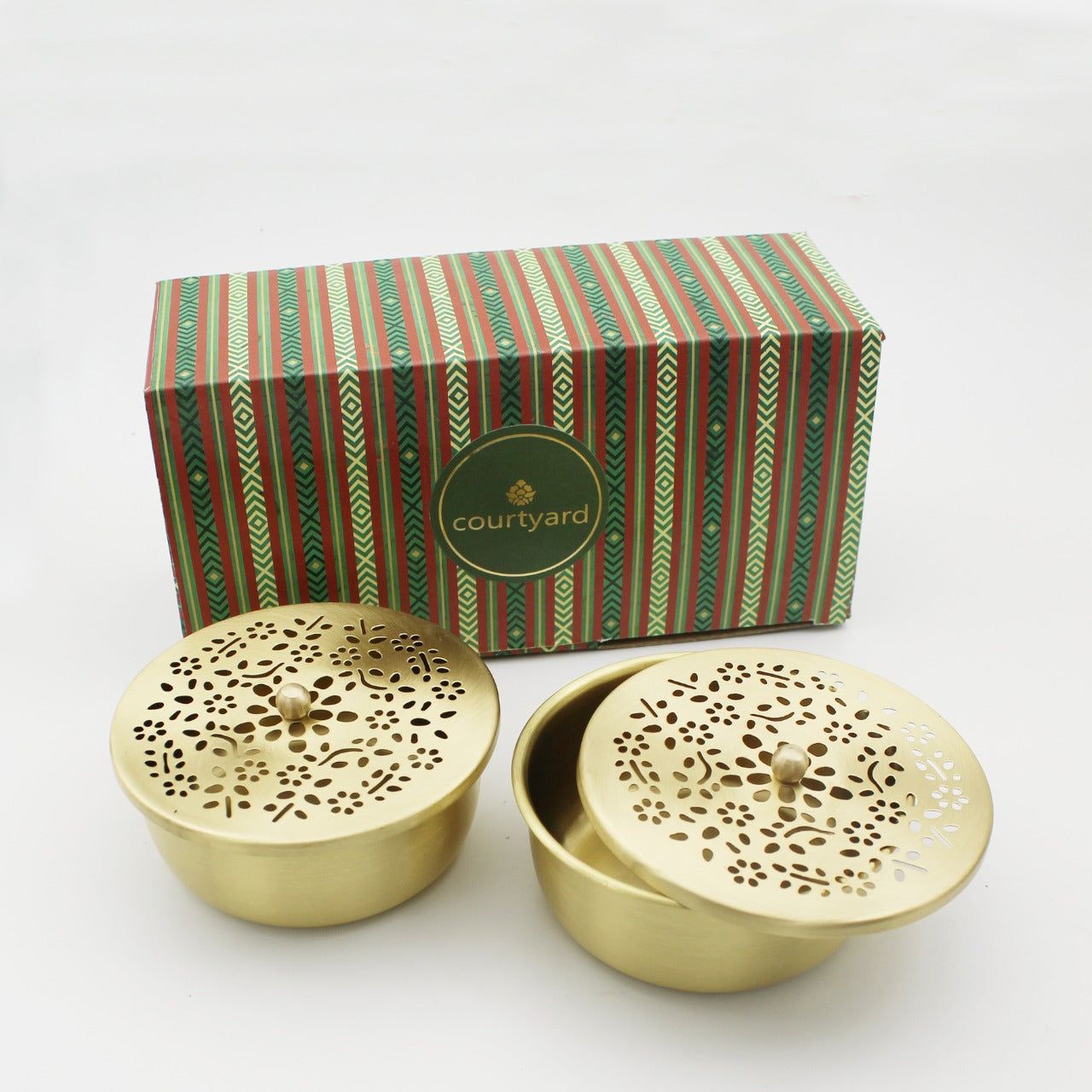 AMBER NUT BOXES (Set of 2)-GOLD / BRASS / 2 NUT CASE WITH LID