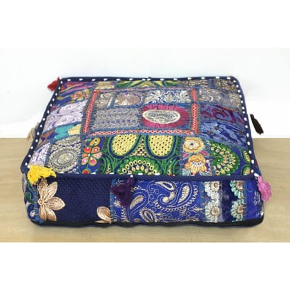 Khamma Ghani Elegant Cotton Pouffe Cover Kantha Work-Set of 2 / 16X16X5 Inch