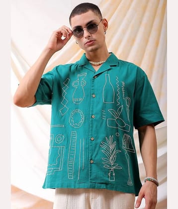 The Indian Garage Co Green Relaxed Fit Embroidered Cuban Collar Cotton Casual Shirt - None