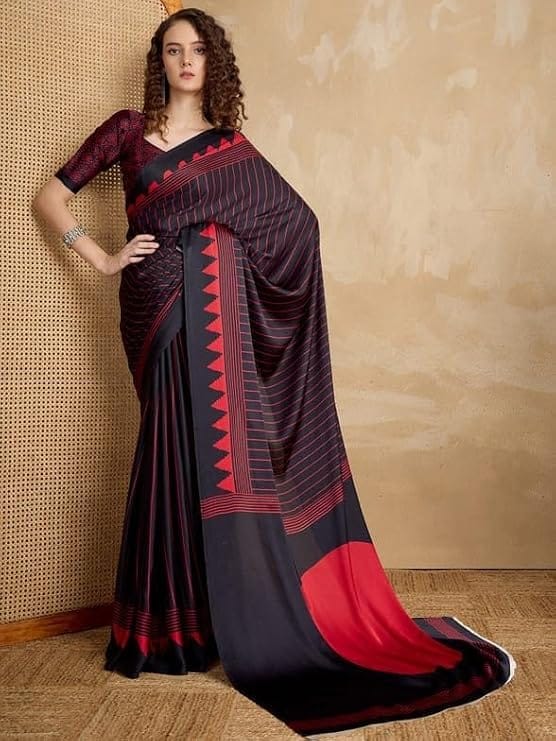 womens satin crepe printed saree with unstitched blouse 5mtr black pid65007
