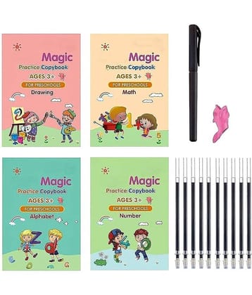 Sank Magic Practice Copybook - (1 Pen + 1 Grip + 4 BOOKS + 10 REFILL) Writing & Drawing Books Kit Calligraphy Books Reusable for Kids,Handwriting Practice