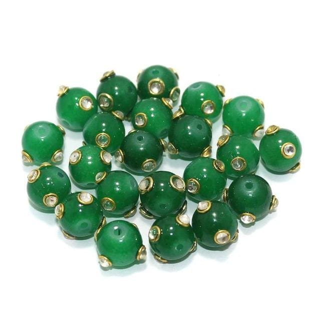 50 pcs 10mm Glass Kundan Beads Round Green-Green / Glass
