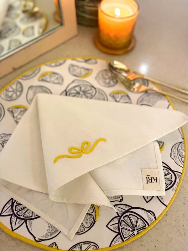 KRI India The Minimalist Set of 6 Bow Table Napkins | White with yellow embroidery  | 16x16 inches | Wash & Care | 100% Cotton | Handcrafted in India. 100% organic & natural.
